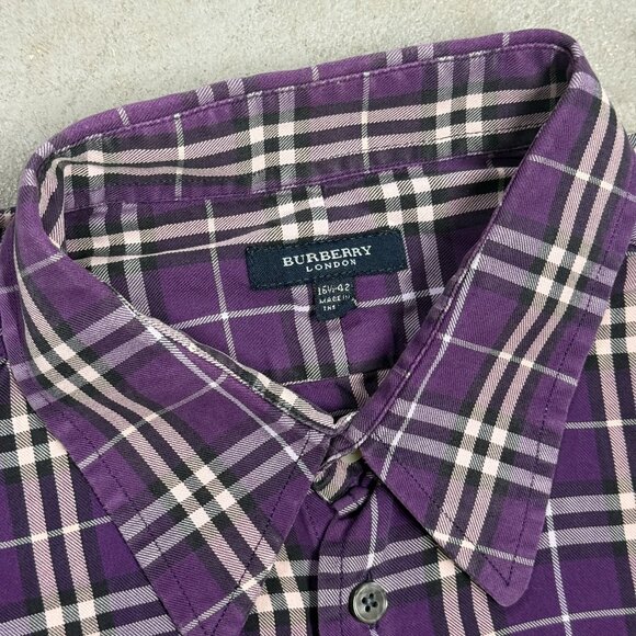 Burberry London Dress Shirt Purple Made in UK Check Logo Cotton 42 16 1/2 Large - Picture 5 of 10